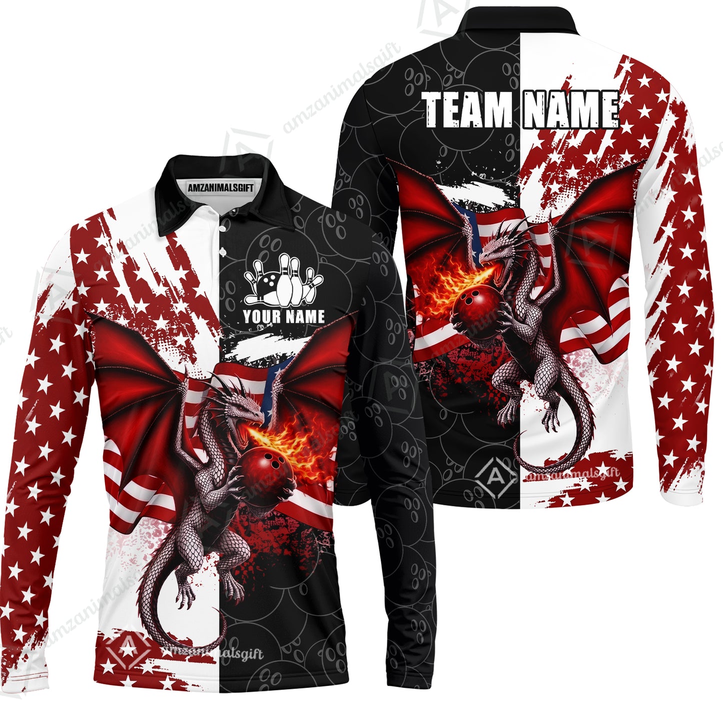 Custom Bowling Jersey Polo Shirt, Patriotic Fire Dragon Split Contrast, Custom Bowling Jersey Team Shirt For Players With Name and Team Name