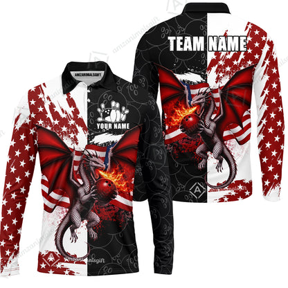 Custom Bowling Jersey Polo Shirt, Patriotic Fire Dragon Split Contrast, Custom Bowling Jersey Team Shirt For Players With Name and Team Name