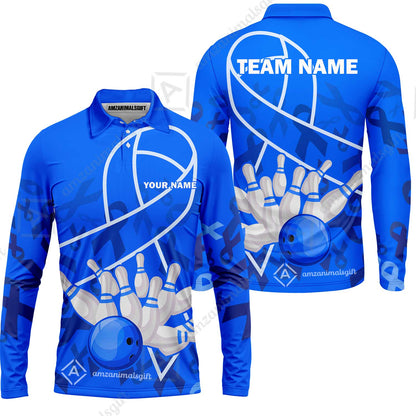 Custom Bowling Team Uniform Shirts, Blue Ribbon & Bowling Ball Strike Shirt, Personalized Team & Player Jersey