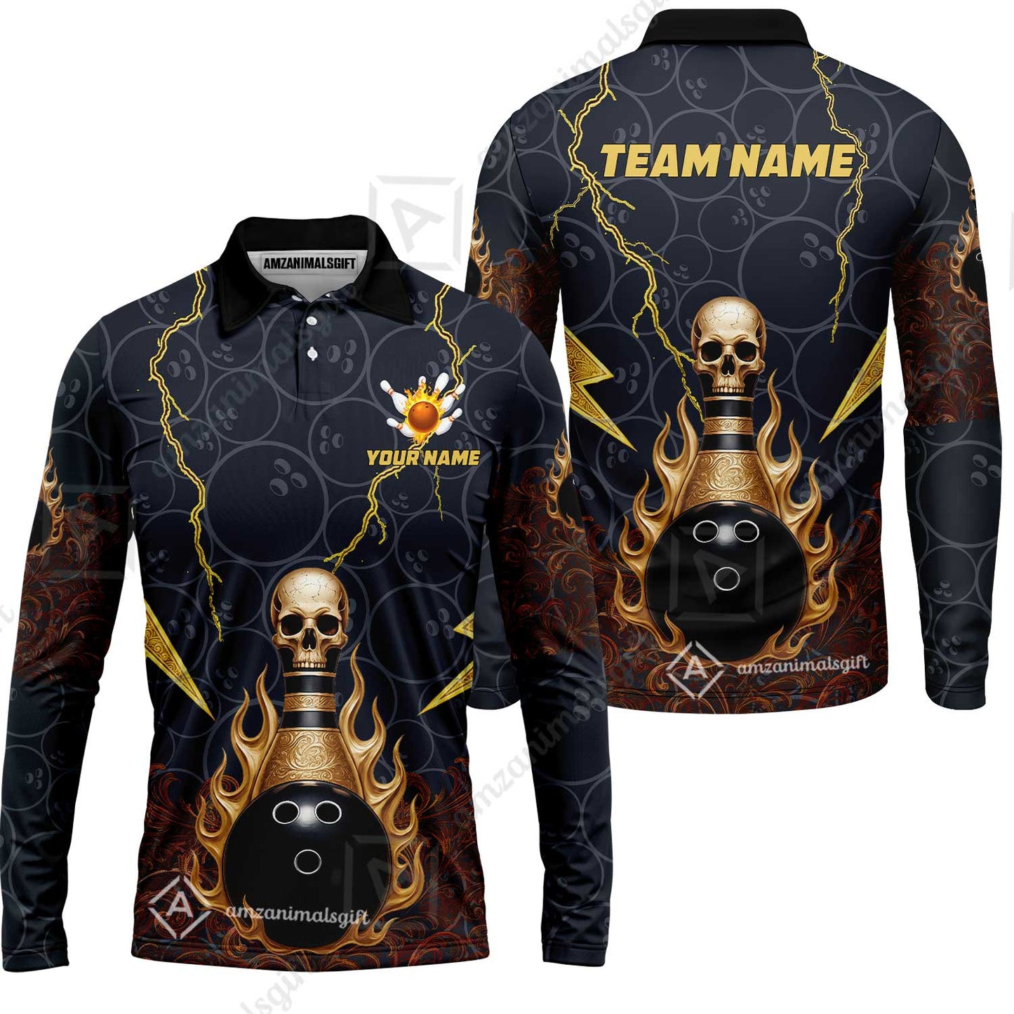 Custom Bowling Team Unisex Polo Shirt, Thunder Skull Strike Personalized Team Shirt, Custom Name and Team Name for Bowlers
