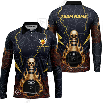 Custom Bowling Team Unisex Polo Shirt, Thunder Skull Strike Personalized Team Shirt, Custom Name and Team Name for Bowlers