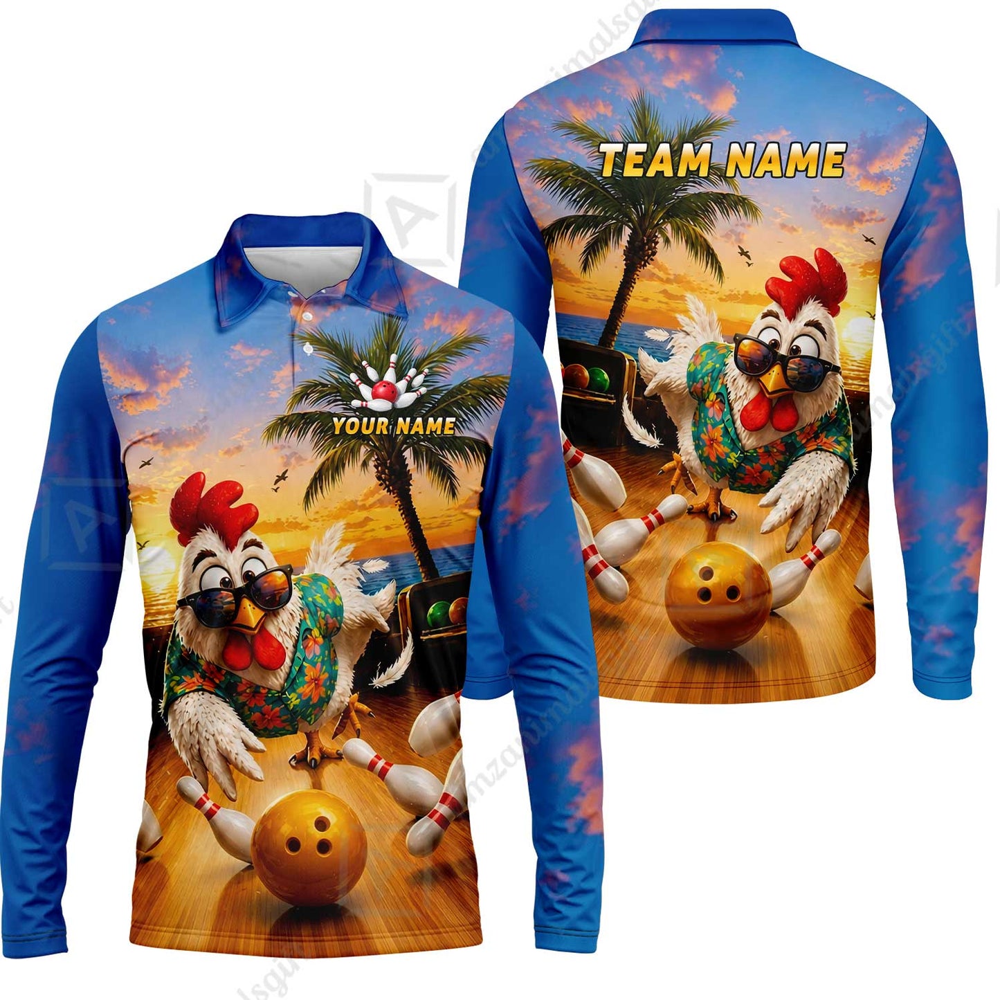 Custom Bowling Jersey Polo Shirt, Funny Tropical Hawaiian Rooster Strike, Custom Bowling Jersey Team Shirt For Players With Name and Team Name