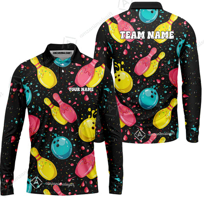 Customized Bowling Unisex Polo Shirt, Funny Colorful Donuts Bowling Pins and Ball, Personalized Name And Team Name