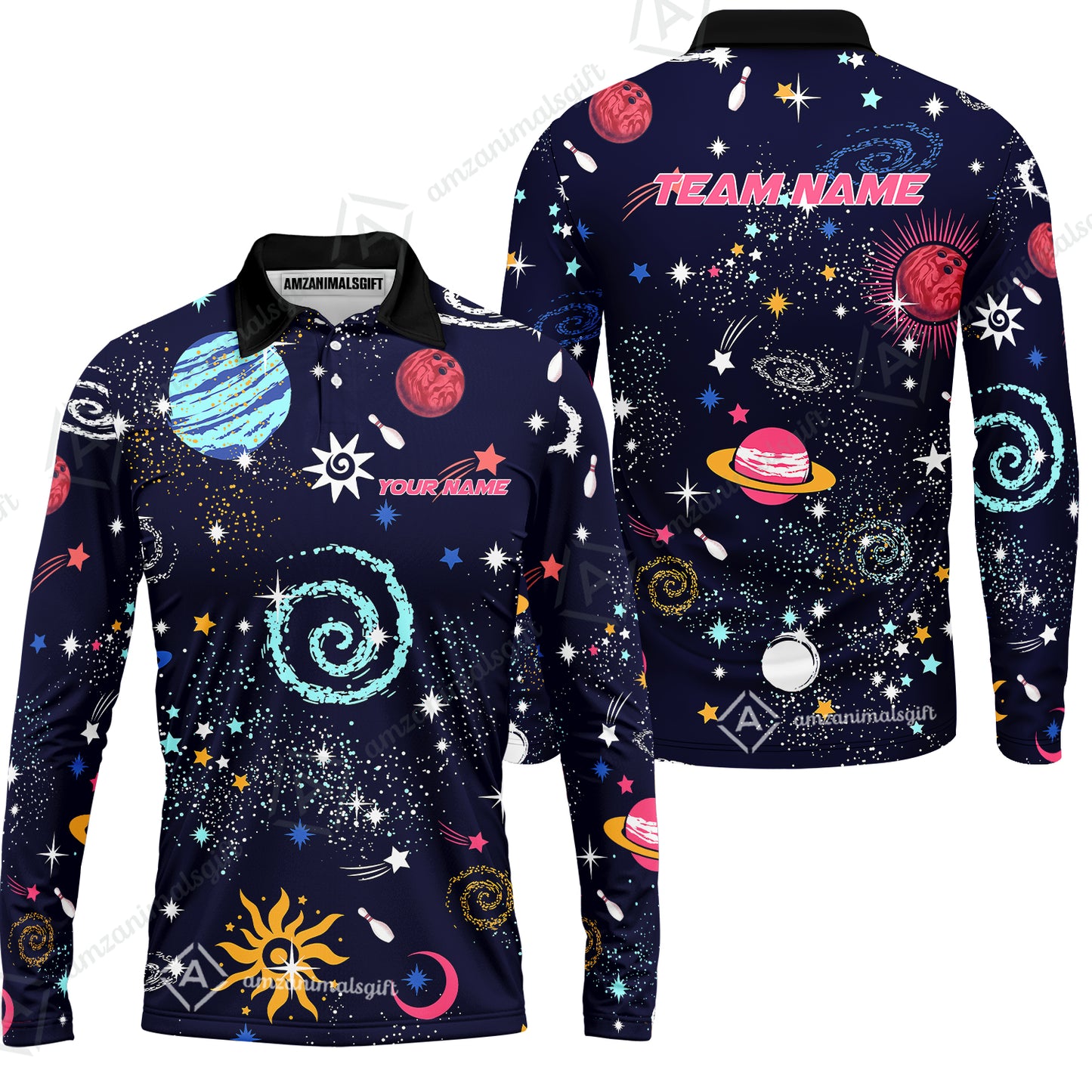 Custom Bowling Jersey Polo Shirt, Galaxy Pattern Shirt, Custom Bowling Jersey Team Shirt For Players With Name and Team Name
