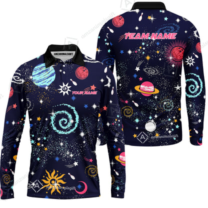 Custom Bowling Jersey Polo Shirt, Galaxy Pattern Shirt, Custom Bowling Jersey Team Shirt For Players With Name and Team Name