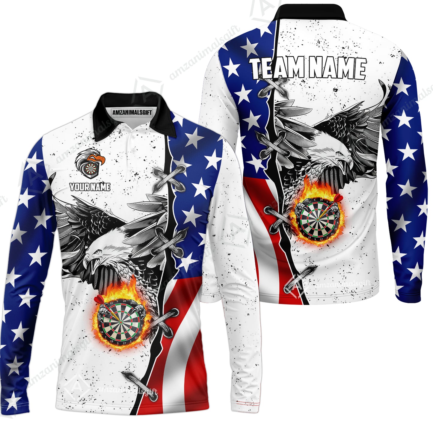 Customized Darts Team Uniform Shirt Darts US Flag White Eagle Flame Pin Dust Pattern, Personalized Name And Team Name