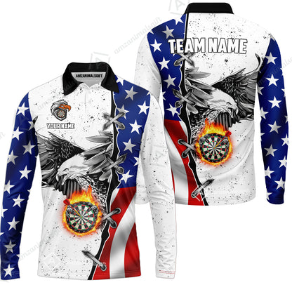 Customized Darts Team Uniform Shirt Darts US Flag White Eagle Flame Pin Dust Pattern, Personalized Name And Team Name