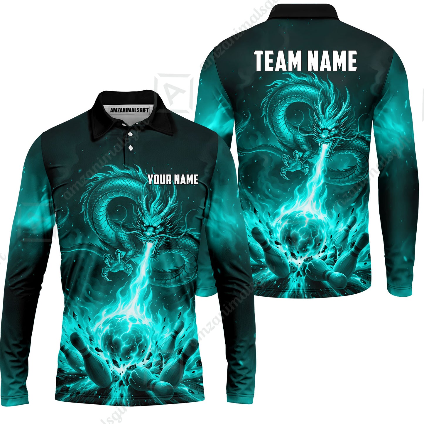Custom Bowling Jersey Polo Shirt, Asian Dragon's Fire Strike, Custom Bowling Jersey Team Shirt For Players With Name & Team Name