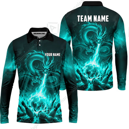 Custom Bowling Jersey Polo Shirt, Asian Dragon's Fire Strike, Custom Bowling Jersey Team Shirt For Players With Name & Team Name