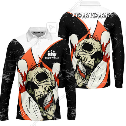 Customized Bowling Team Polo Jersey, Skull Rolling Bowling Illustration Halloween Style Uniform Shirt For Bowlers