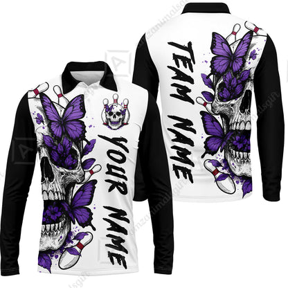 Custom Bowling Jersey Polo Shirt, Skull With Butterfly, Custom Bowling Jersey Team Shirt For Players With Name and Team Name
