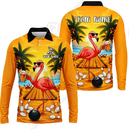 Customized Bowling Shirt, Beer & Flamingo Bowler Summer Vibe, Personalized Polo Shirt For Players With Name & Team Name