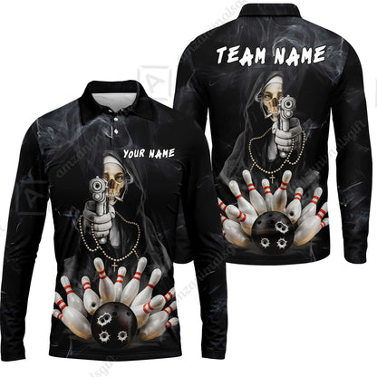 Custom Bowling Jersey Polo Shirt, Badass Smoking Skeleton Nun Gun Strike, Custom Bowling Jersey Team Shirt For Players With Name & Team Name