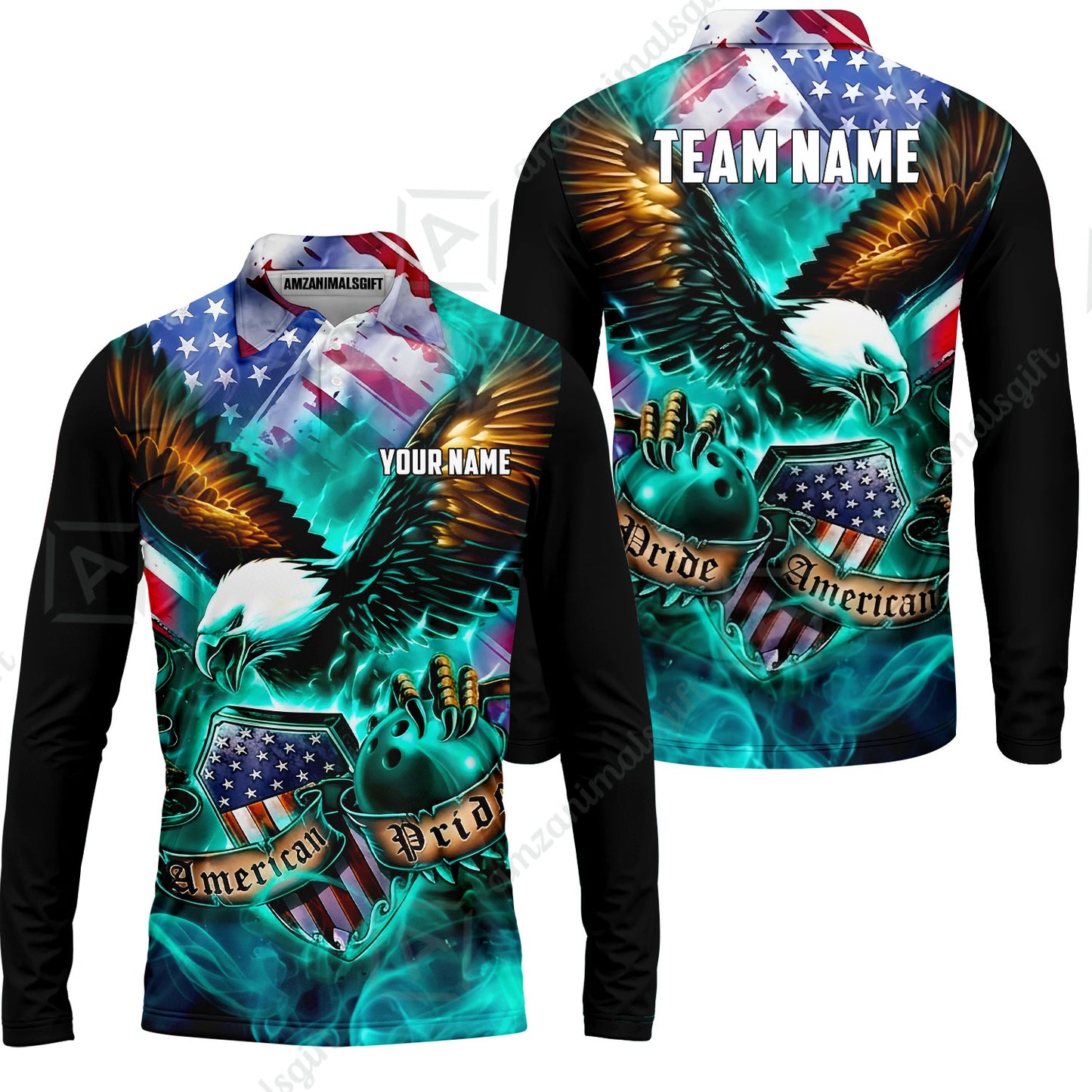 Custom Bowling Jersey Polo Shirt, American Pride Eagle, Personalized Name & Team Name