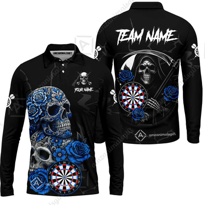 Customized Darts Long Sleeve Polo Shirt, Darts Turquoise Skull Roses Dartboard Zip Polo Style Jersey for Darts Players