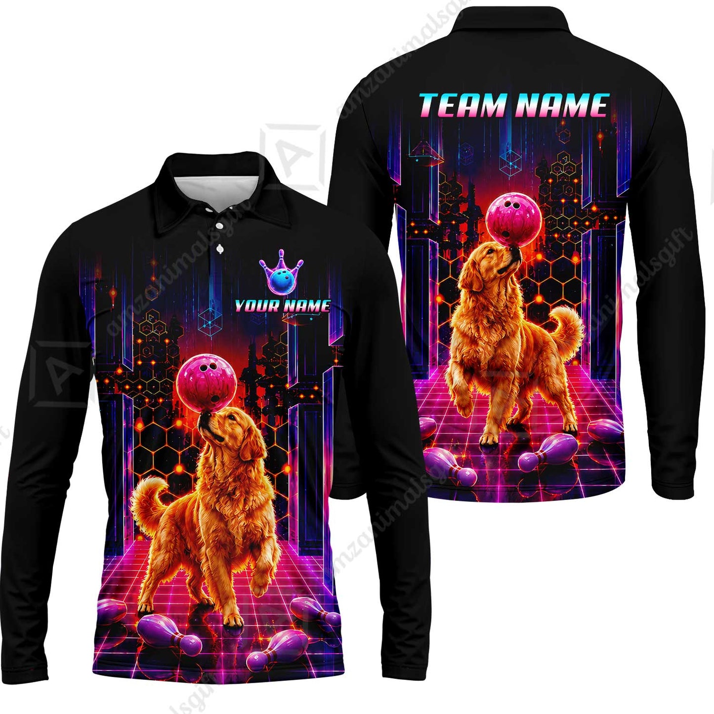 Custom Bowling Jersey Polo Shirt, Cyber Bowling Dog, Custom Bowling Jersey Team Shirt For Players With Name & Team Name