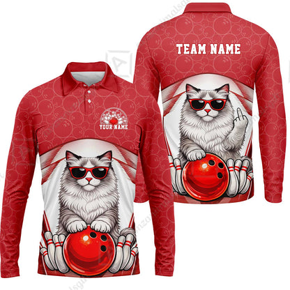 Custom Bowling Polo Shirt, Funny Cat with Sunglasses Bowling Custom Bowling Polo Team Shirt For Players With Name & Team Name
