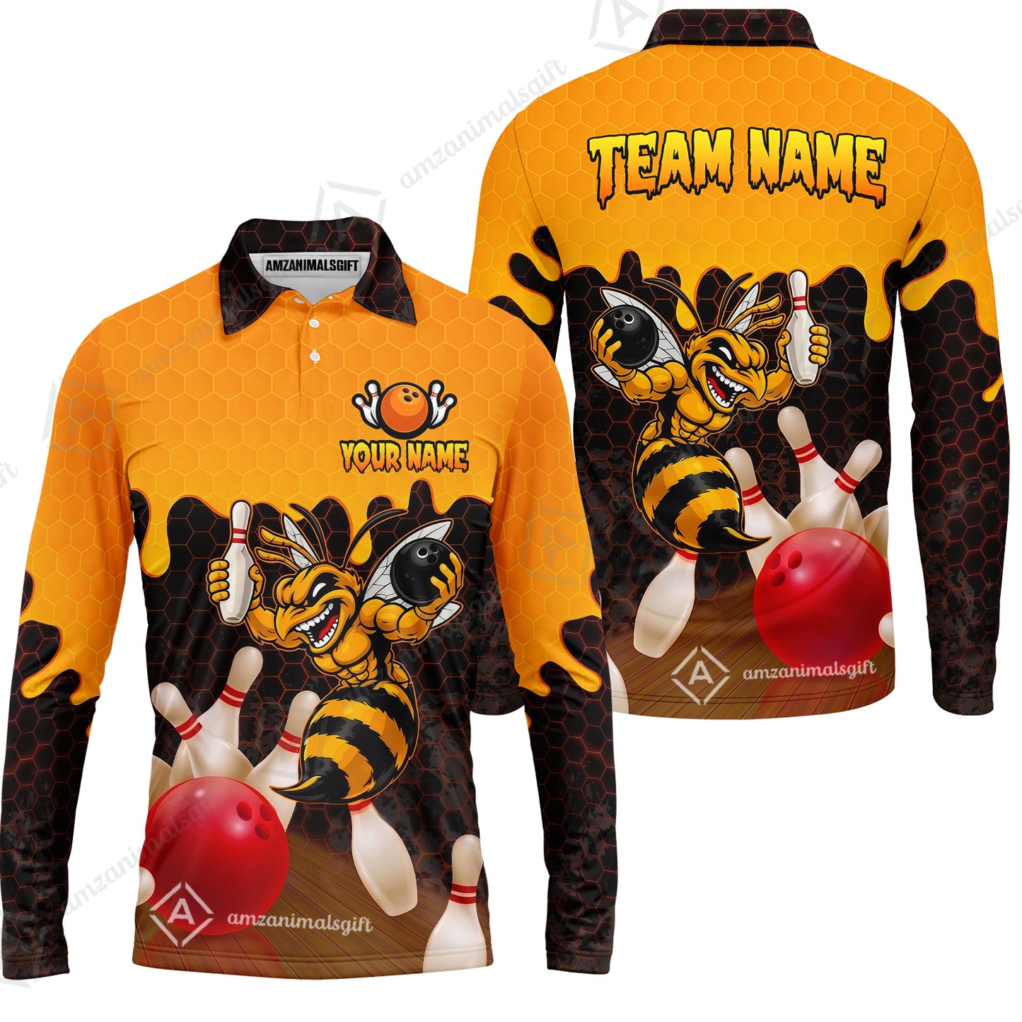 Custom Bowling Jersey Polo Shirt, Aggressive Hornet Honeycomb Drip, Custom Bowling Jersey Team Shirt For Players With Name and Team Name