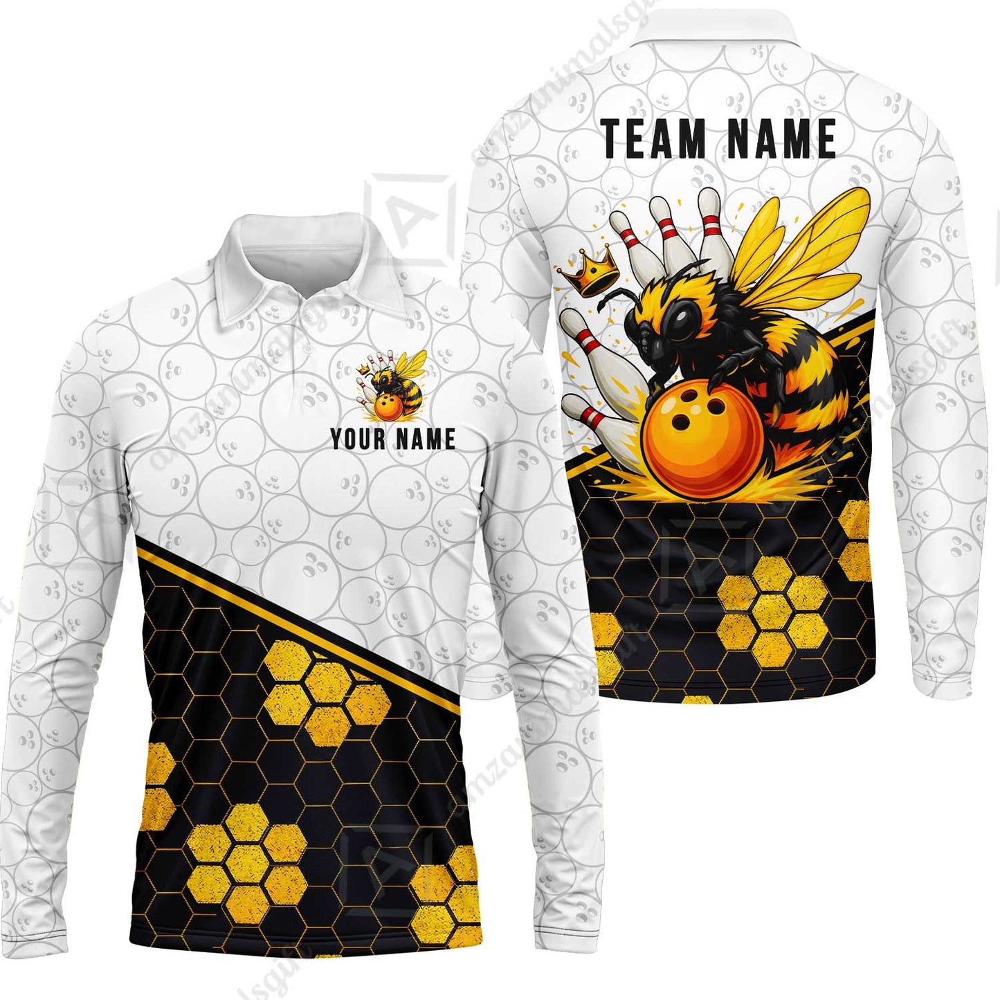 Custom Bowling Jersey Polo Shirt, Elite Golden Honeycomb Bee, Custom Bowling Jersey Team Shirt For Players With Name and Team Name