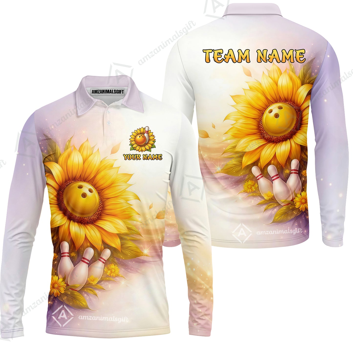 Custom Bowling Polo Shirt, Floral Sunflower Bowling Custom Bowling Polo Team Shirt For Players With Name & Team Name