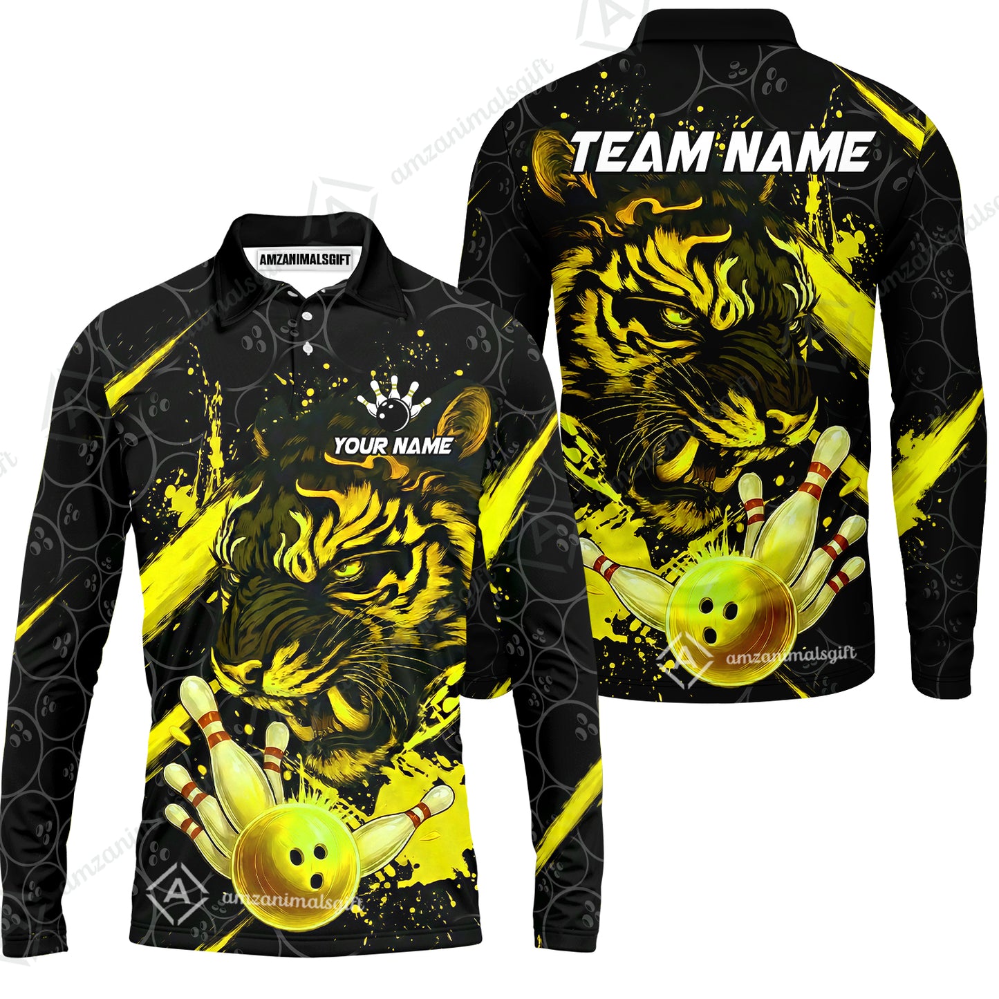 Customized Bowling Unisex Polo Shirt, Tiger Ball Striking Pins, Bowling Uniforms, Personalized Name And Team Name