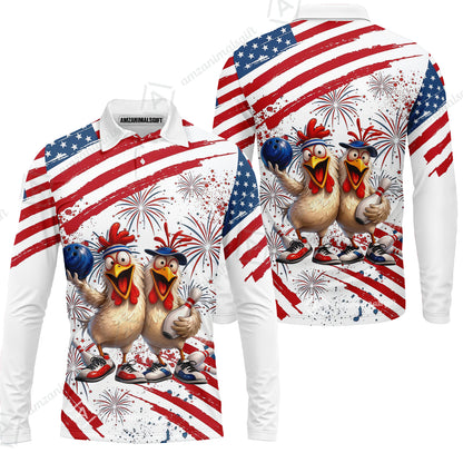 Custom Bowling Jersey Polo Shirt, Funny Patriotic USA Chicken Fireworks, Custom Bowling Jersey Team Shirt For Players With Name & Team Name
