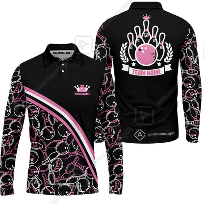 Bowling Customized Women Polo Shirt - Black Pink Bowling Pattern Personalized Bowling Polo Shirt - Gift For Friend, Family, Bowling Lovers