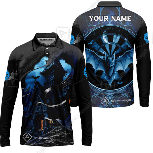Darts Men's Long Sleeve Polo Shirt Customized Name, Castle & Bats With Dartboard Long Sleeve Polo Shirt- Gift For Darts Players Uniforms, Darts Lovers