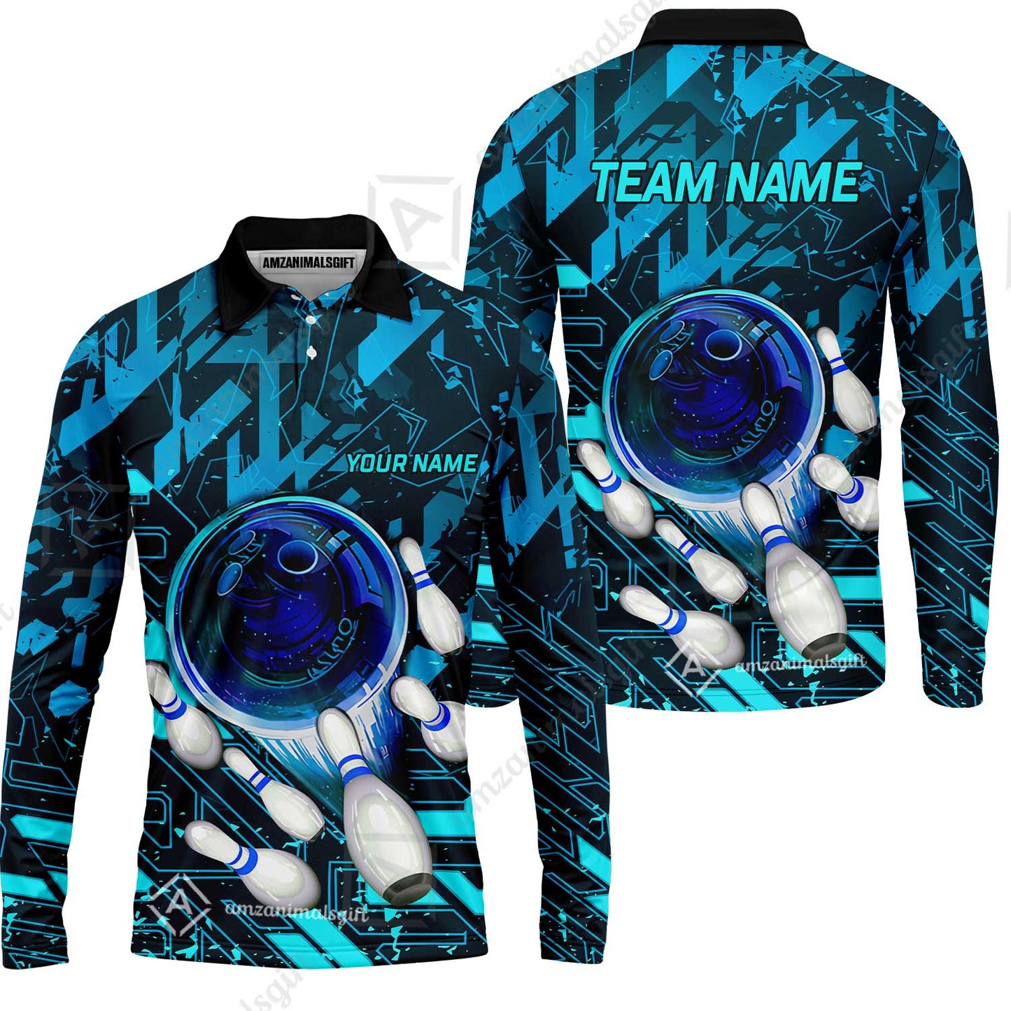 Customized Blue Metric Abstract Bowling Team Jersey, Personalized Name Bowling Quarter-Zip Uniforms For Bowlers, Team League