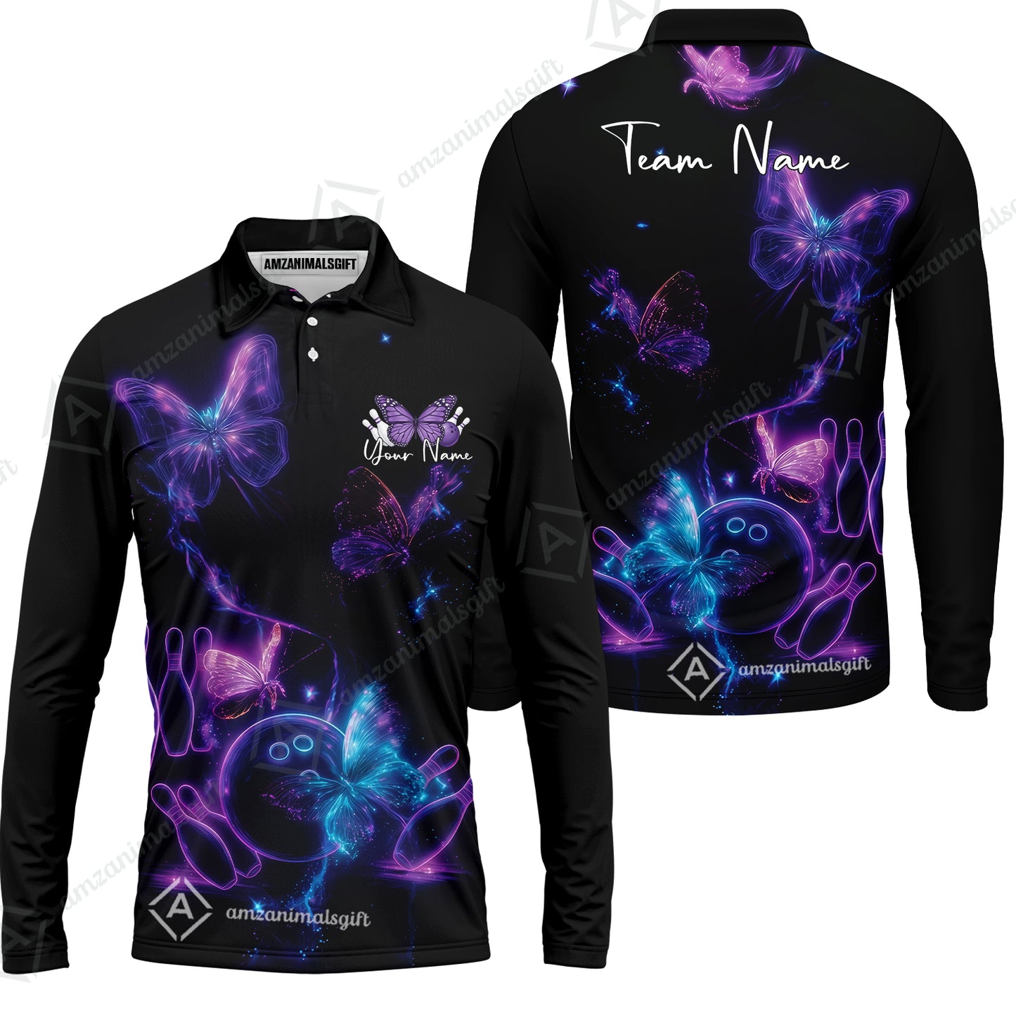 Custom Bowling Jersey Polo Shirt, Bowling Butterfly Universe, Custom Bowling Jersey Team Shirt For Players With Name and Team Name