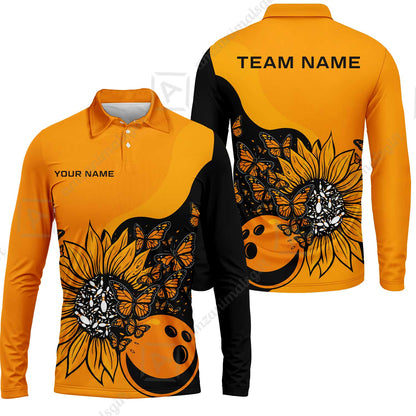 Custom Bowling Jersey Polo Shirt, Radiant Sunflower Butterfly Bloom, Custom Bowling Jersey Team Shirt For Players With Name and Team Name