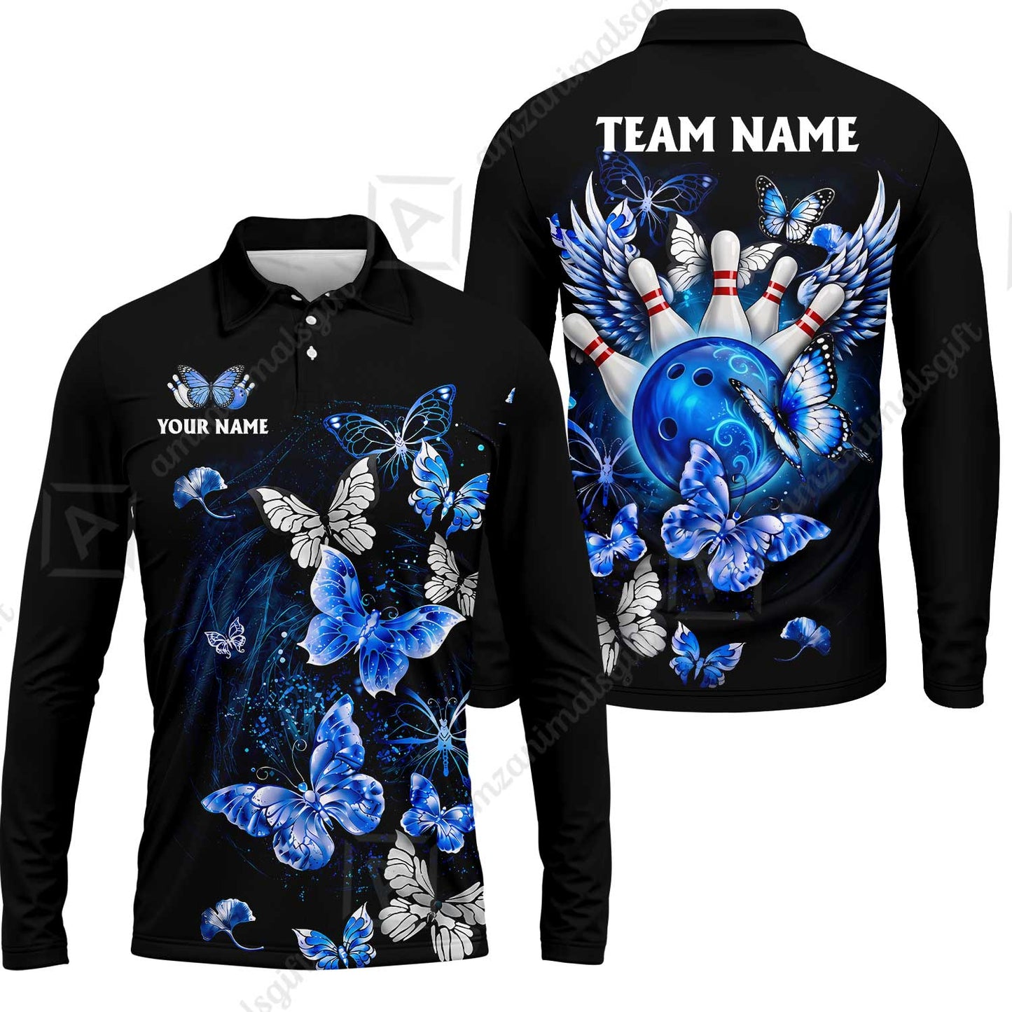 Custom Bowling Jersey Polo Shirt, Dreamy Nebula & Angelic Butterflies, Personalize Name and Team Name