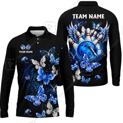 Custom Bowling Jersey Polo Shirt, Dreamy Nebula & Angelic Butterflies, Personalize Name and Team Name
