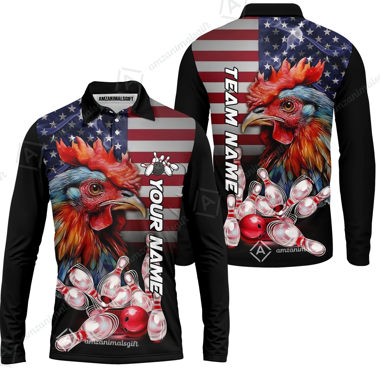 Custom Bowling Jersey Polo Shirt, Colorful Rooster Bowling Custom Bowling Jersey Team Shirt For Players With Name & Team Name