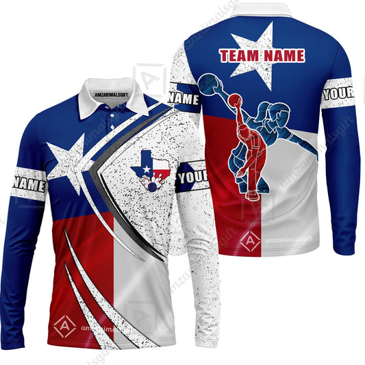 Customized Bowling Long Sleeve Polo Shirt, Bowling And Pins Texas Style Customized Name And Team Name Uniform Polo Shirts