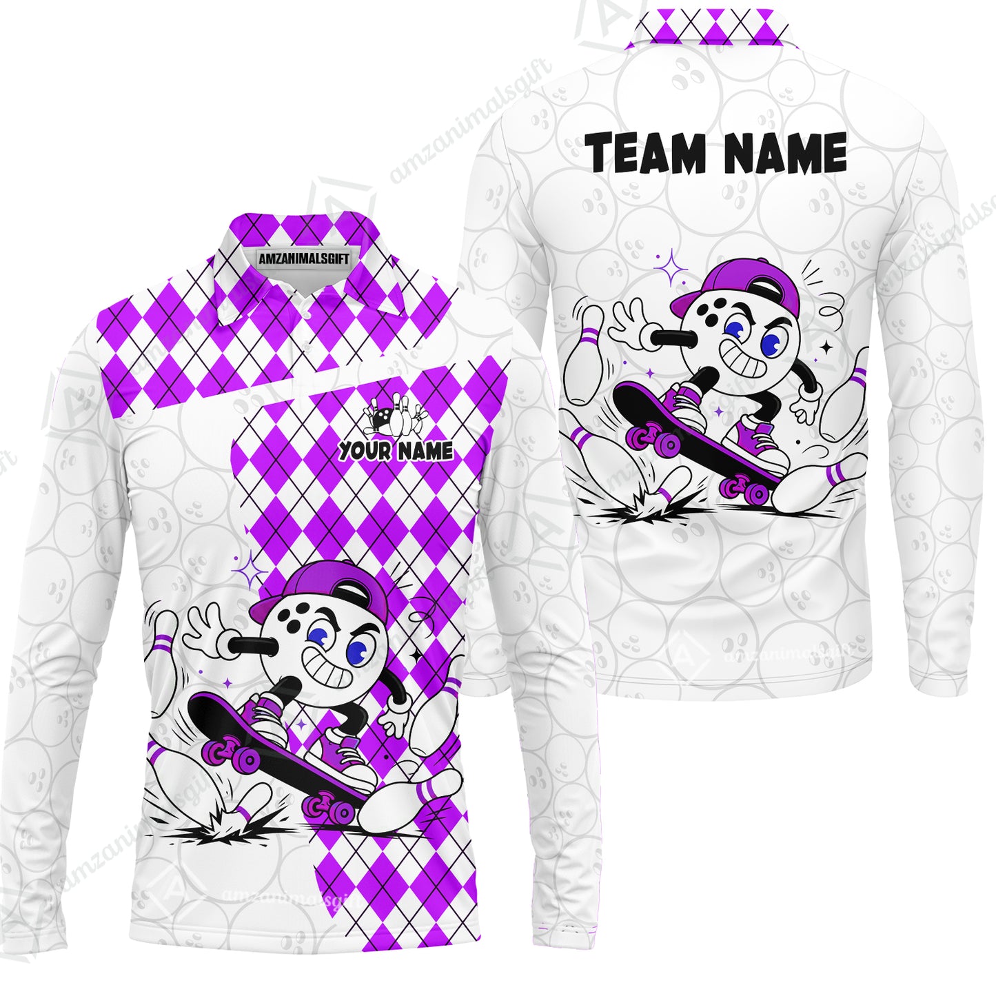 Custom Bowling Jersey Polo Shirt, Skateboarder Bowling Ball Mascot, Custom Bowling Jersey Team Shirt For Players With Name and Team Name