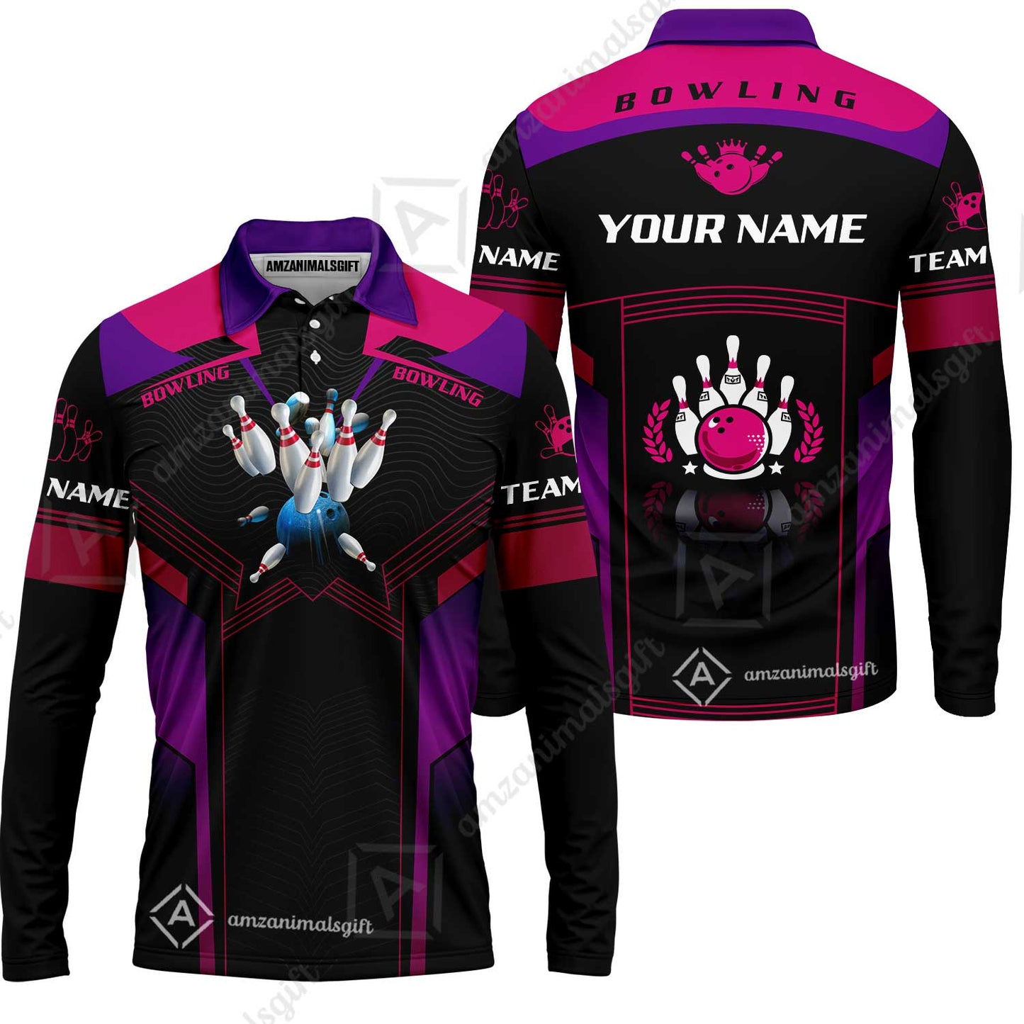 Customized Bowling Jersey Shirt, The Blue Bowling Ball Crashing The Pins Purple Pattern Personalized Name Team Name Logo Team For Bowling Team