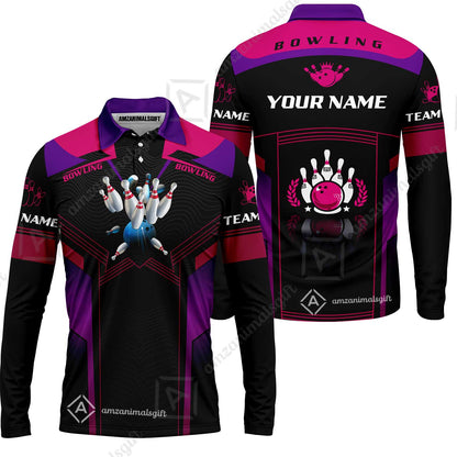 Customized Bowling Jersey Shirt, The Blue Bowling Ball Crashing The Pins Purple Pattern Personalized Name Team Name Logo Team For Bowling Team