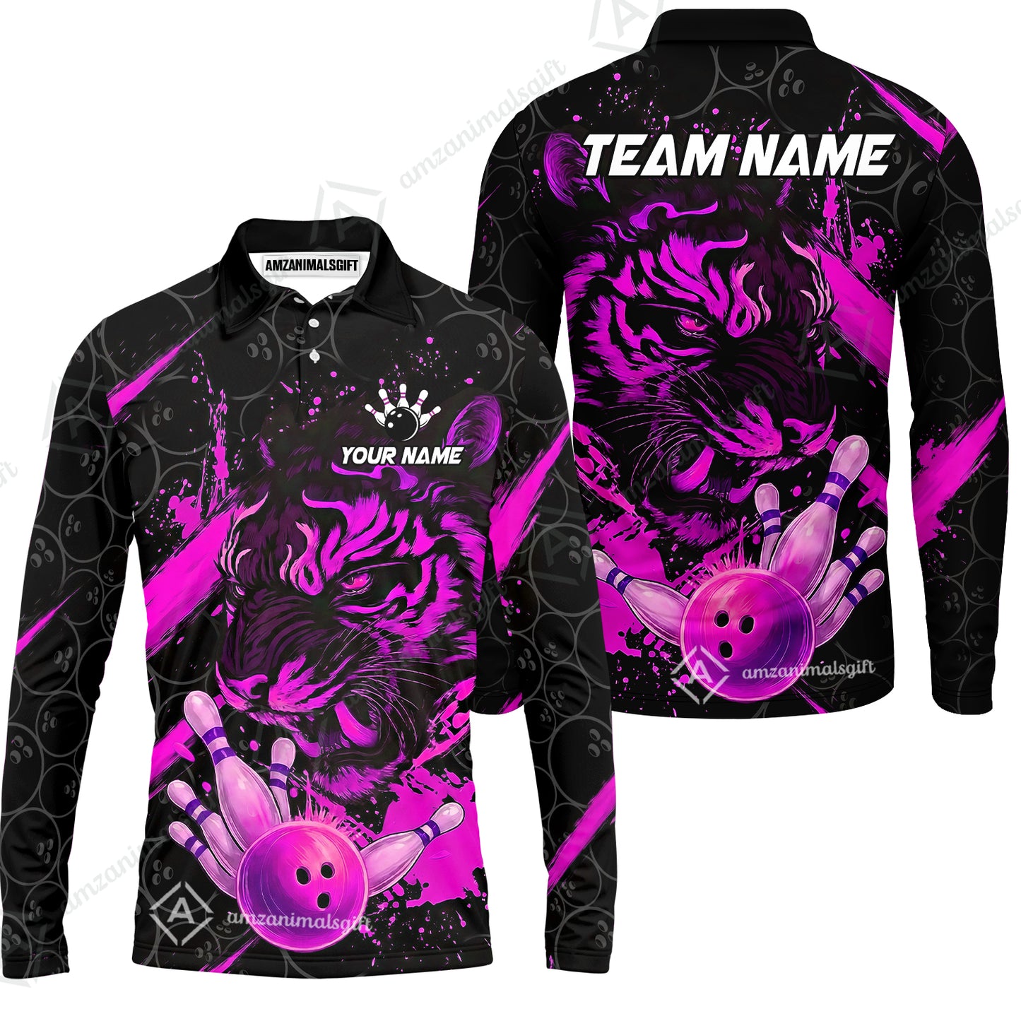 Customized Bowling Unisex Polo Shirt, Tiger Ball Striking Pins, Bowling Uniforms, Personalized Name And Team Name