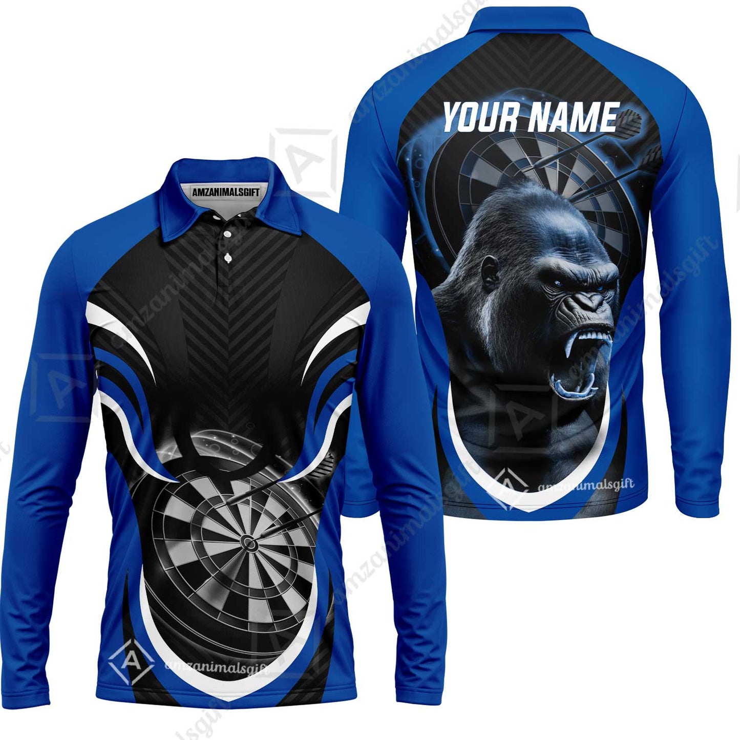 Gorilla And Darts Custom Name Men Polo Shirt, Bullseye Dartboard Brown Personalized Men Polo Shirt Gift For Darts Lovers, Team, Friends