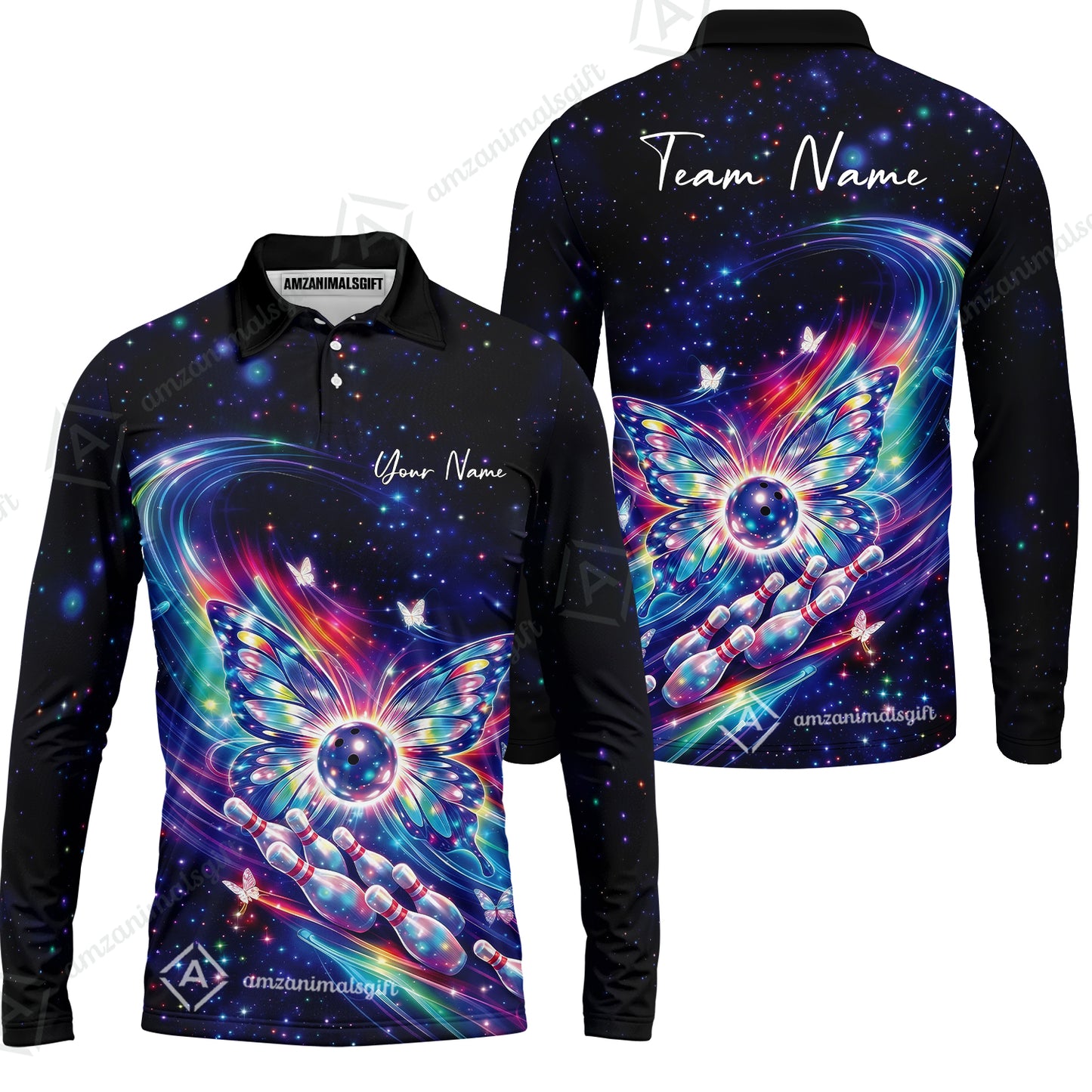 Custom Bowling Jersey Polo Shirt, Spiritual Butterfly Bowling Custom Bowling Jersey Team Shirt For Players With Name & Team Name