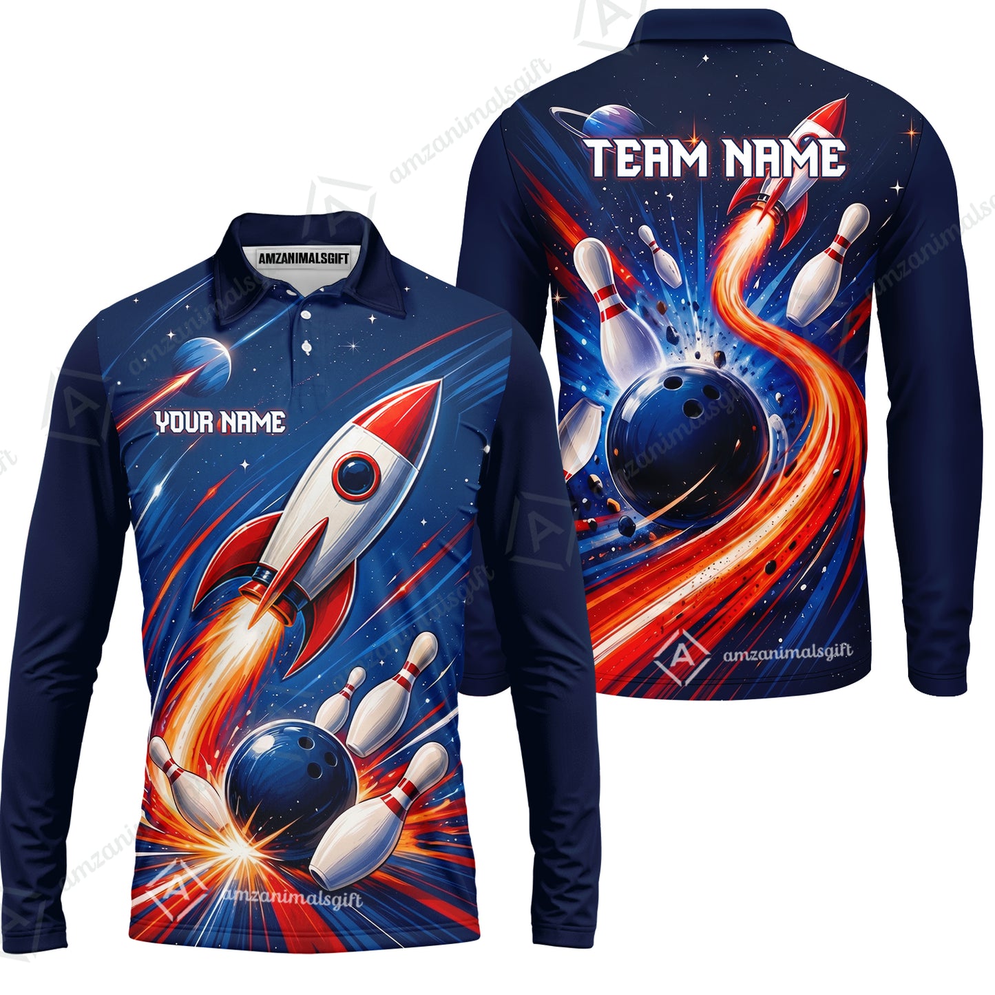 Custom Bowling Jersey Polo Shirt, Bowling Strike Rocket, Custom Bowling Jersey Team Shirt For Players With Name and Team Name