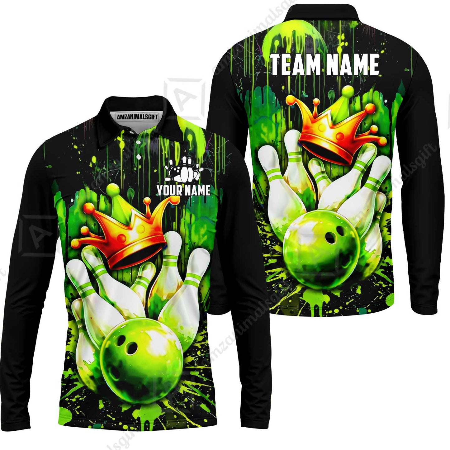 Custom Bowling Jersey Polo Shirt, Neon King Crown, Custom Bowling Jersey Team Shirt For Players With Name and Team Name