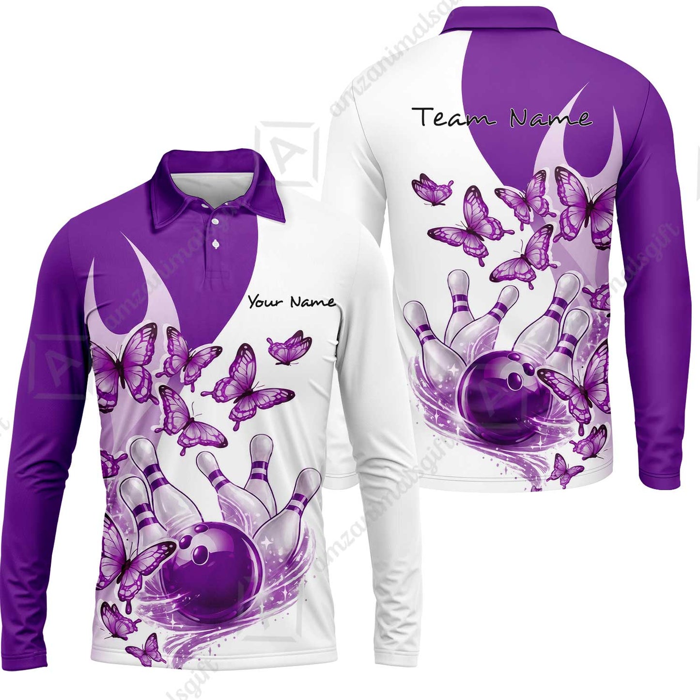 Custom Bowling Jersey Polo Shirt, Butterfly Strike, Personalized Name & Team Name
