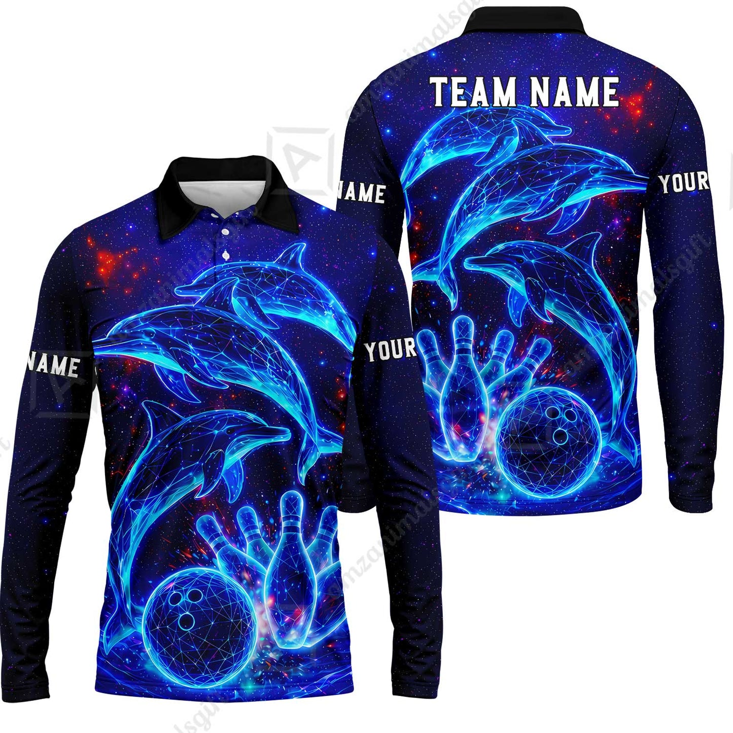 Customized Bowling Shirt, Cosmic Dolphin, Personalized Polo Shirt For Players With Name & Team Name