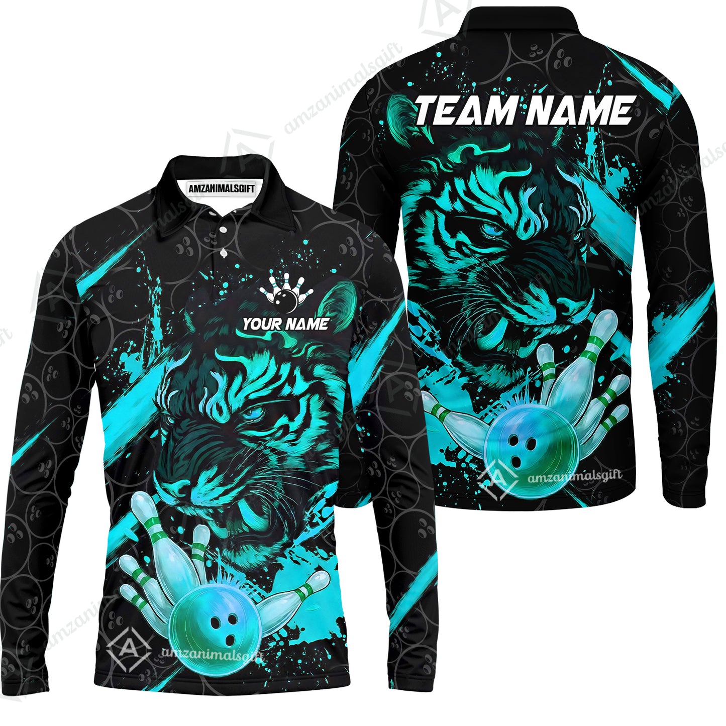 Customized Bowling Unisex Polo Shirt, Tiger Ball Striking Pins, Bowling Uniforms, Personalized Name And Team Name