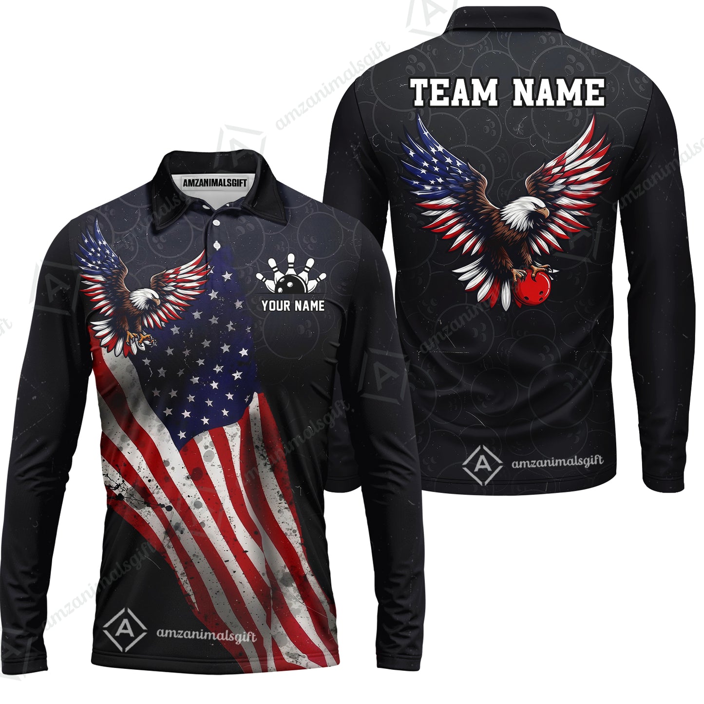 Custom Bowling Jersey Polo Shirt, USA Flag Draped Bald Eagle Strike, Custom Bowling Jersey Team Shirt For Players With Name & Team Name