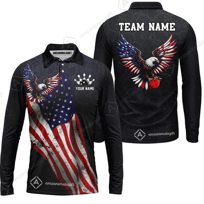 Custom Bowling Jersey Polo Shirt, USA Flag Draped Bald Eagle Strike, Custom Bowling Jersey Team Shirt For Players With Name & Team Name