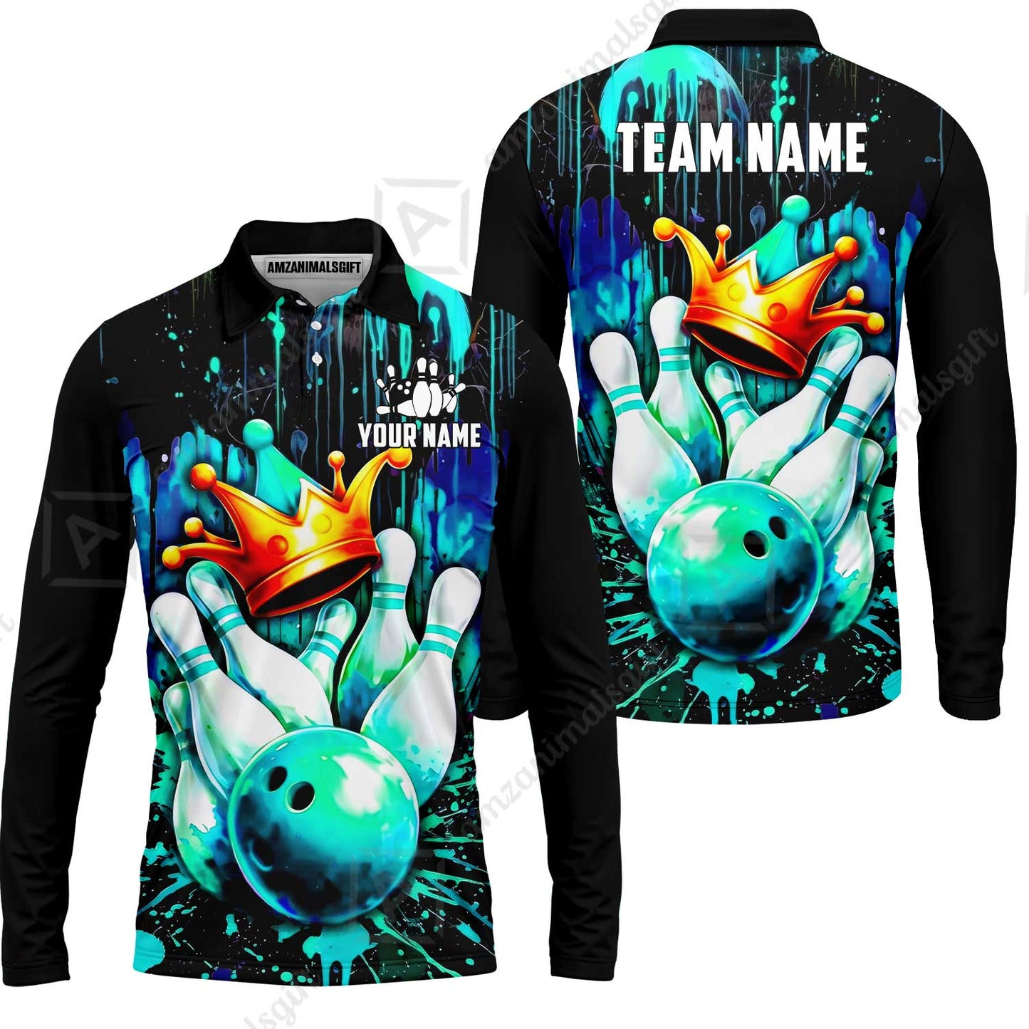 Custom Bowling Jersey Polo Shirt, Neon King Crown, Custom Bowling Jersey Team Shirt For Players With Name and Team Name