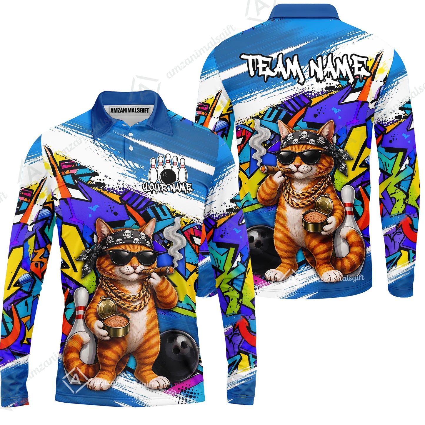 Custom Bowling Jersey Polo Shirt, Cat Graffiti Bowling, Personalize Name and Team Name